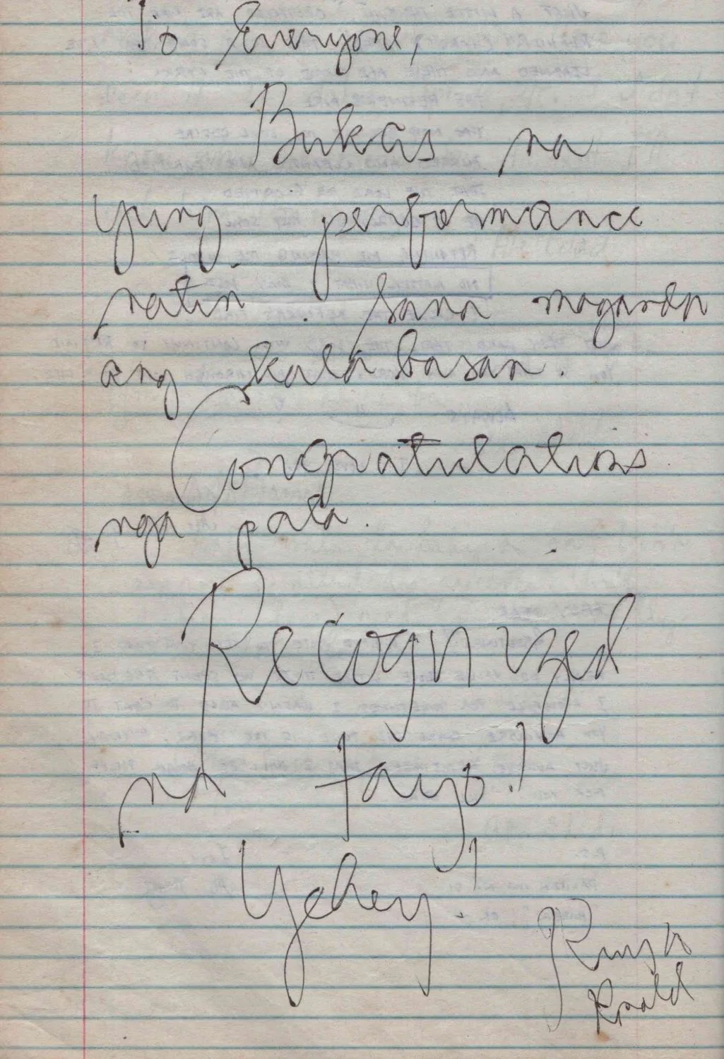 A handwritten page from the Announcement Logbook, addressed “To everyone”, ending “Recognized na tayo! Yehey!” and signed Ronald
